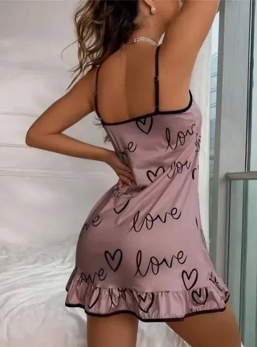 Women Cute Nightgown Pajamas Milk Silk Heart Print Sleepwear - 图3