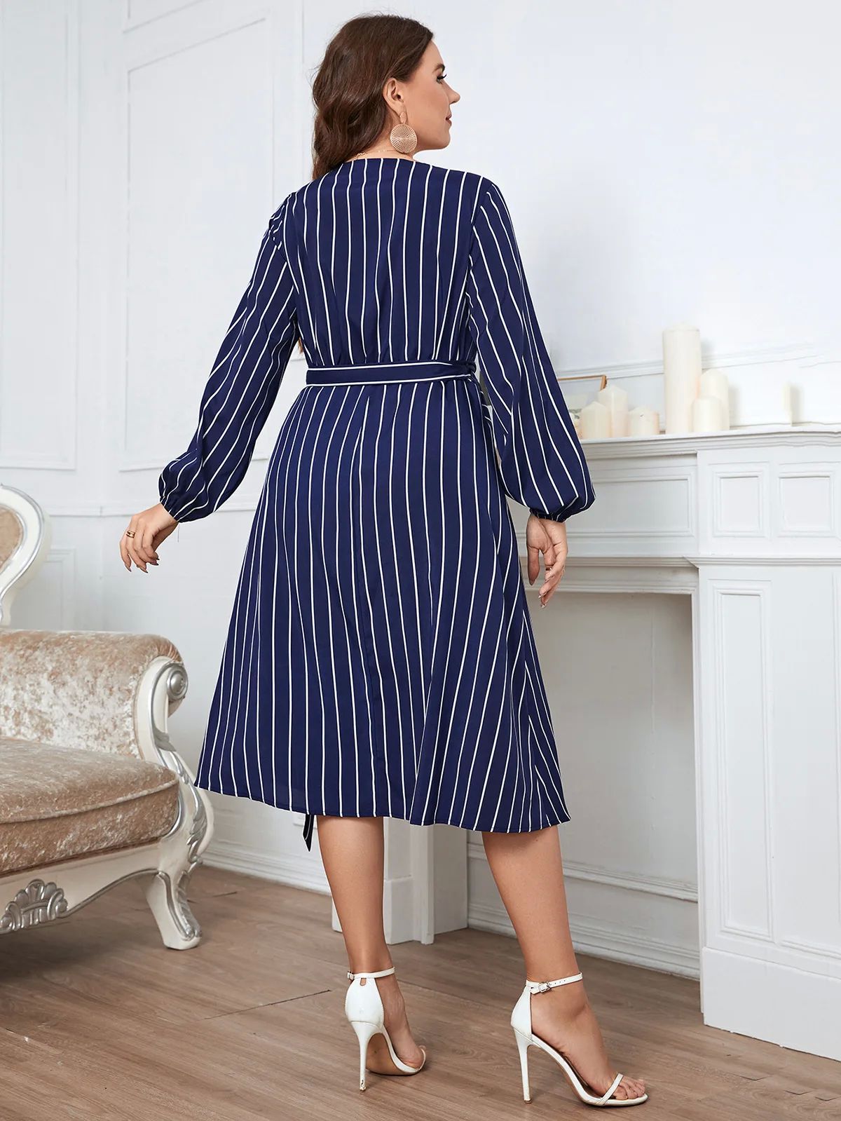 Plus Size Wrap V Neck Women Dress Long Bishop Sleeves Stripe - 图0