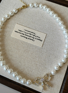 法式珍珠项链锆石蝴蝶结颈链女2025新款锁骨链轻奢小众高级感配饰