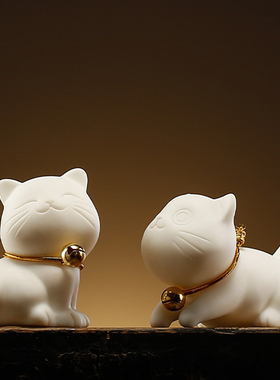 猫铃铛陶瓷摆件可爱小猫咪桌面创意白瓷茶宠茶玩可养装饰动物摆设