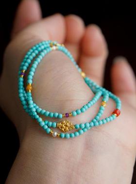 2025正宗小绿松石三圈多宝手链 4mm珠径原矿高瓷绿松手串 颜色干