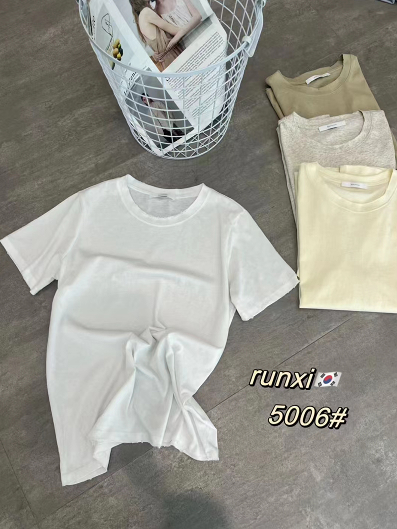 闰熙runxi5006纯棉圆领打底衫夏季短袖纯白t恤女内搭啃边上衣现货