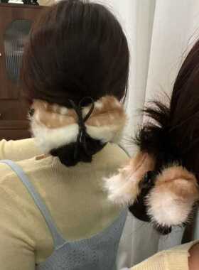 韩系奶咖色毛毛结香蕉夹ins