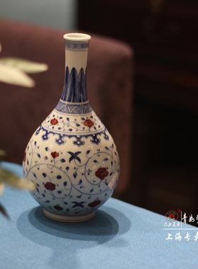 【青如堂】全手工精品青花釉里红缠枝纹大胆瓶六合茗居