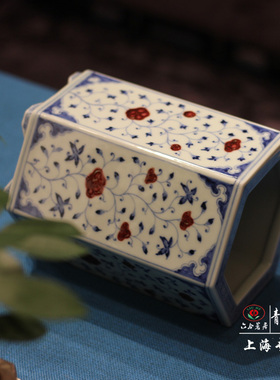 【青如堂】精品青花釉里红缠枝纹六方大笔筒 六合茗居