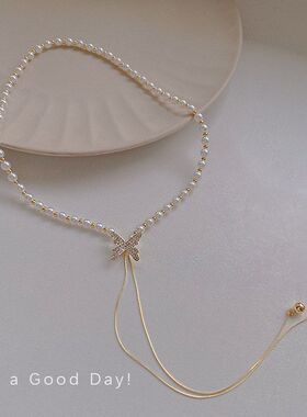 颈链流苏圆珠女蝴蝶锁骨珍珠项链链轻奢小众高级感气质2022年新款