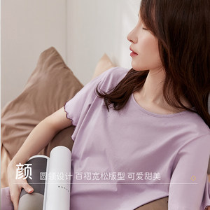 顶瓜瓜纯棉短袖睡裙纯色睡衣裙宽松家居裙可外穿大码孕妇裙荷叶边