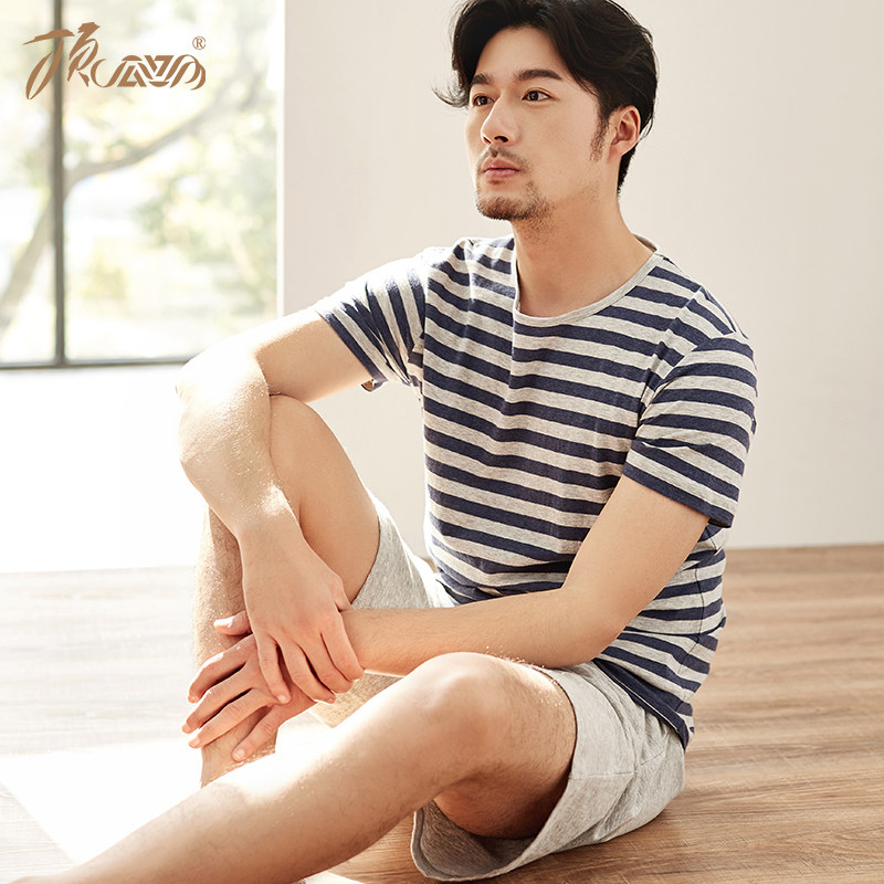 顶瓜瓜男睡衣纯棉情侣短袖套装休闲条纹家居服女运动可外穿夏薄款,淘宝优惠券,粉丝福利购,淘宝优惠卷
