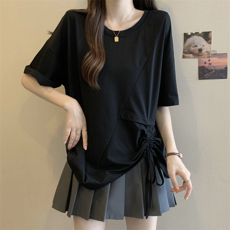 大码胖MM夏季不规则抽绳短袖T恤女百搭遮肉显瘦设计感宽松上衣潮,淘宝优惠券,粉丝福利购,淘宝优惠卷
