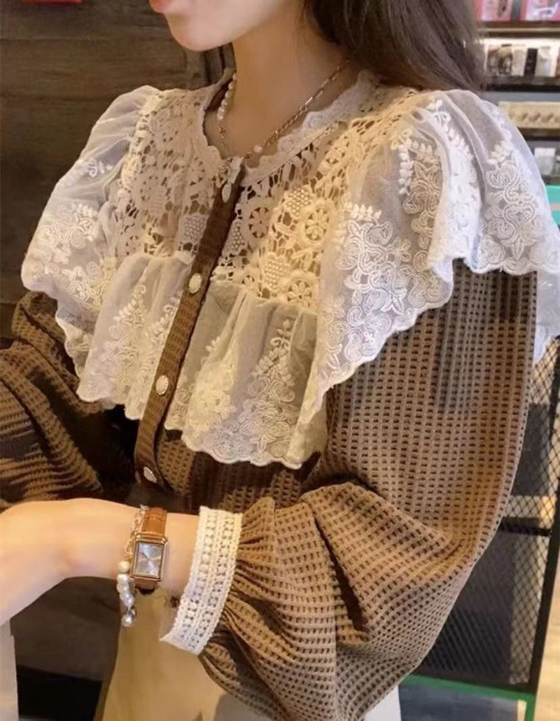 韩系风格穿搭百搭蕾丝花边拼接衬衣 芘魅蕾丝衫/雪纺衫