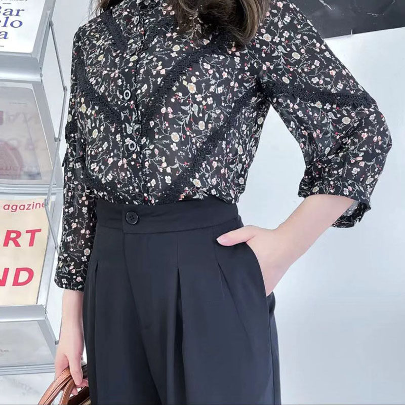 欧货碎花雪纺气质甜美女士夏衬衫 芘魅衬衫