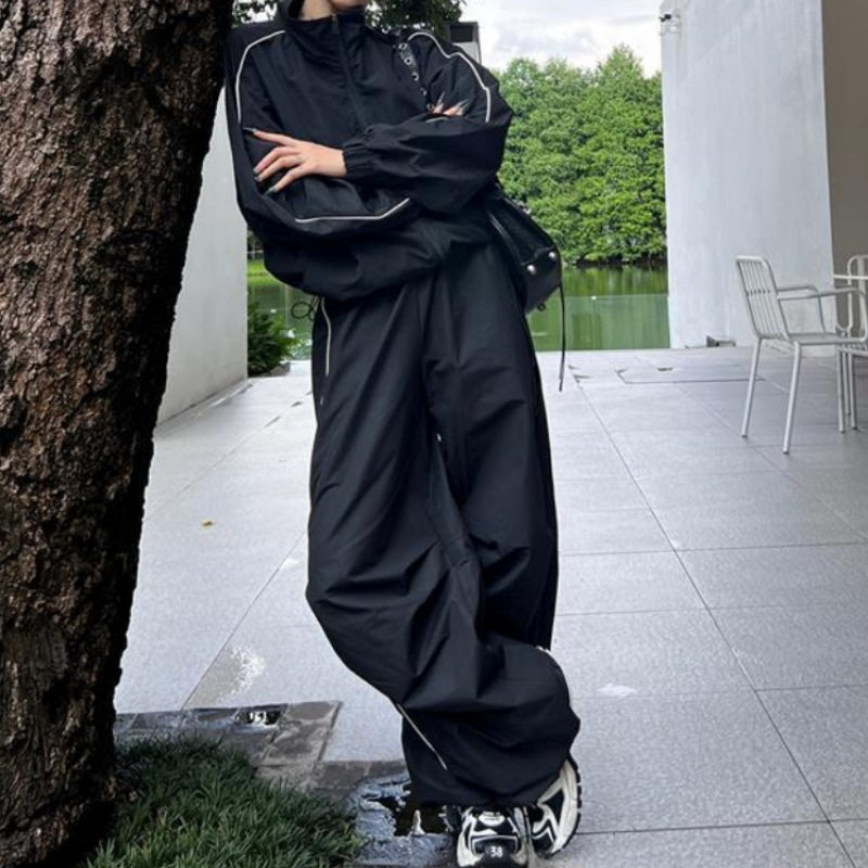 黑色运动休闲套装女秋季宽松廓型夹克阔腿裤酷感两件套,淘宝优惠券,粉丝福利购,淘宝优惠卷