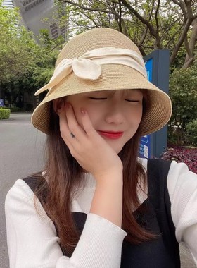 日本遮脸蝴蝶结草帽可折叠防晒