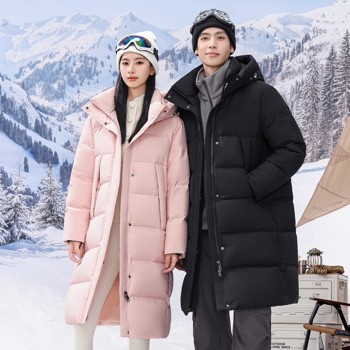 雪中飞男女同款情侣长款羽绒服连帽简约时尚