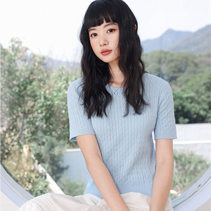雪中飞莱赛尔短袖女夏季薄款2026新款半袖女士绞花修身针织t恤PC