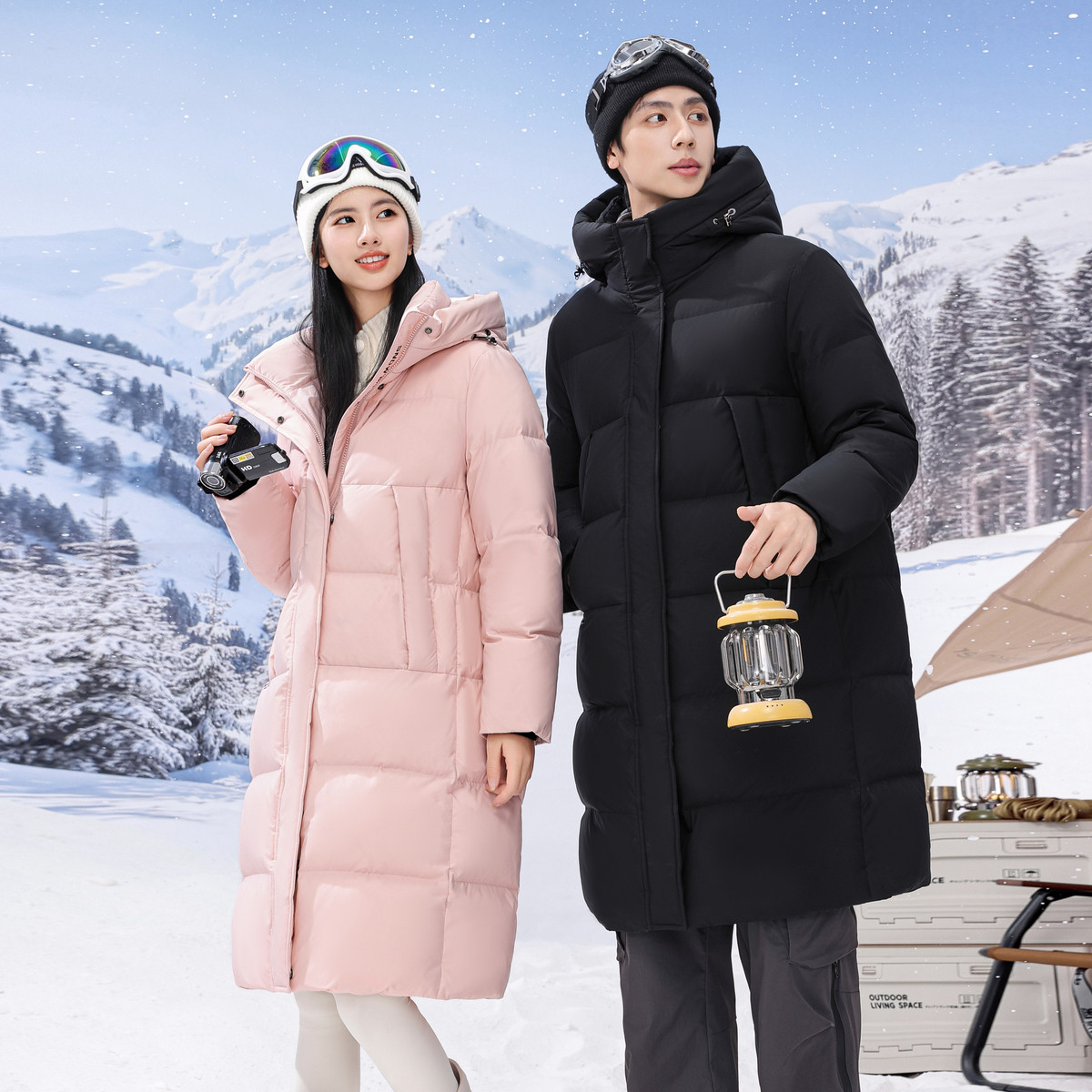雪中飞男女同款情侣长款羽绒服连帽简约时尚