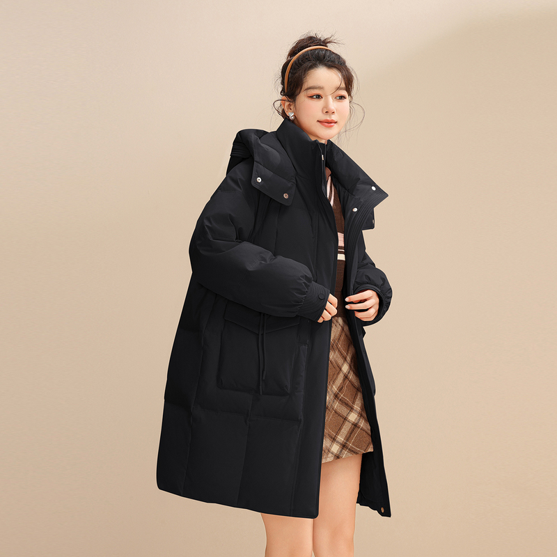 雪中飞2025春新款女士中长款羽绒服连帽保暖加厚公主甜美纯色外套