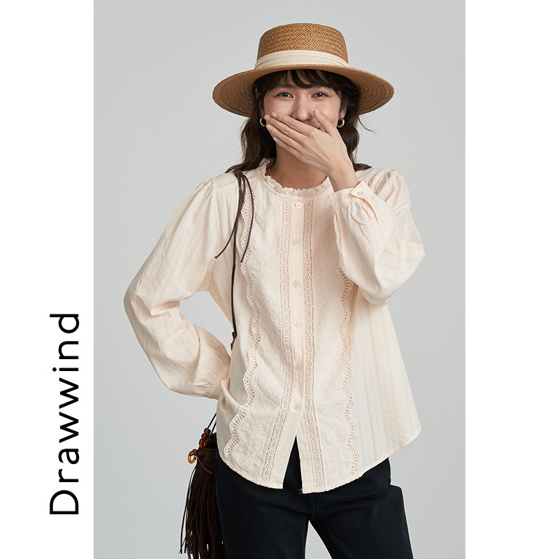 画风drawwind2025秋季新款长袖衬衫女宽松提花面料贴花边圆领上衣