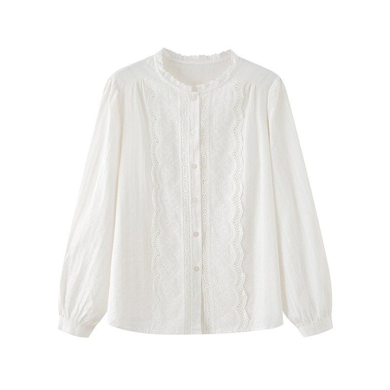 画风drawwind2025秋季新款长袖衬衫女宽松提花面料贴花边圆领上衣