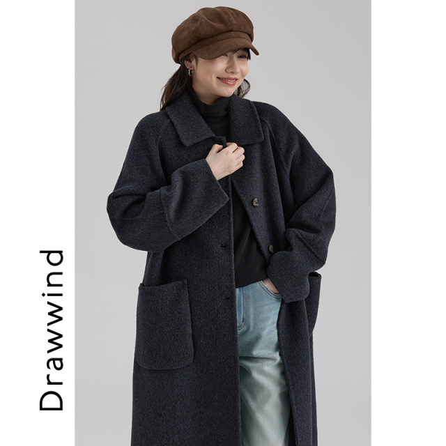 画风drawwind冬季羊毛大衣女宽松翻领大口袋单排扣中长款毛呢外套