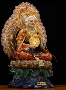 黄铜贴金漆线雕无生老母神像摆件