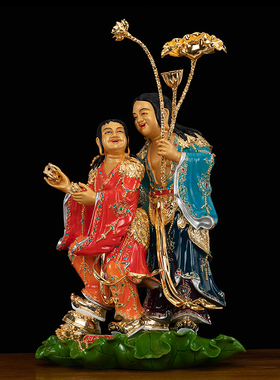 黄铜漆线雕红喜神和合二圣摆件