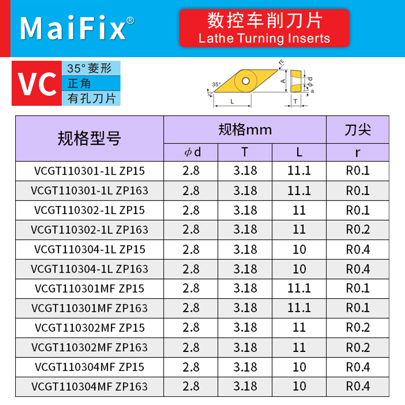 MaiFix不锈钢精车刀片VCGT110301-1L自动车床走心机前扫合金刀粒