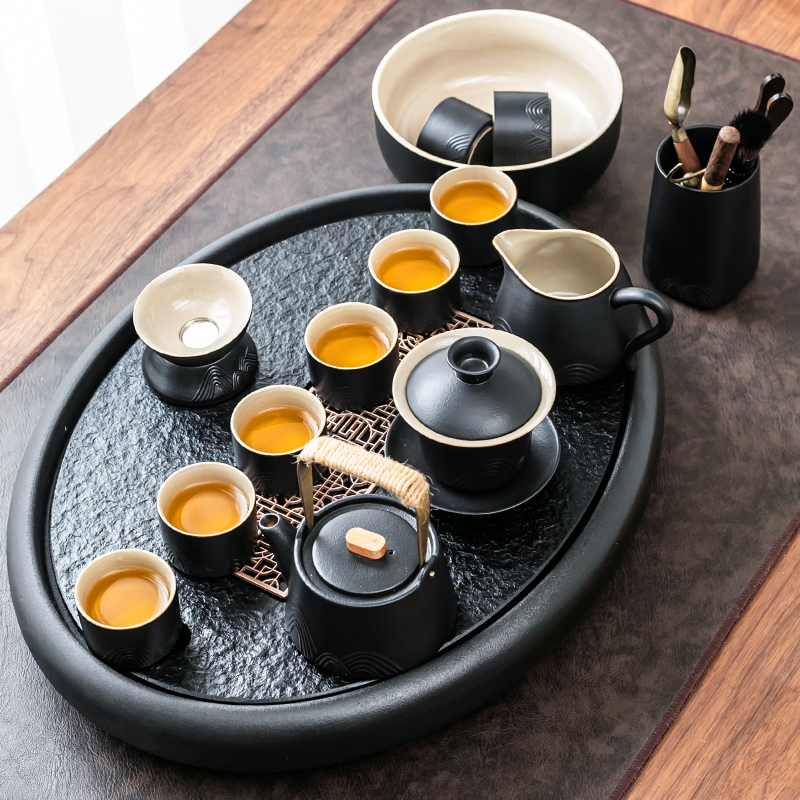 陶瓷天然石材茶盘小型功夫茶具家用办公储水式排水茶台茶杯小套装