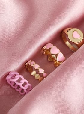 日韩网红水钻桃心戒指ins尾戒扳指环女树脂百搭Ring set women