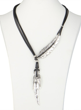 多层皮绳流苏叶子女项链毛衣链 leaves necklace women jewelry