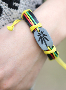 牙买加枫叶手链皮手镯嘻哈hiphop印第安复古手环男女情侣bracelet