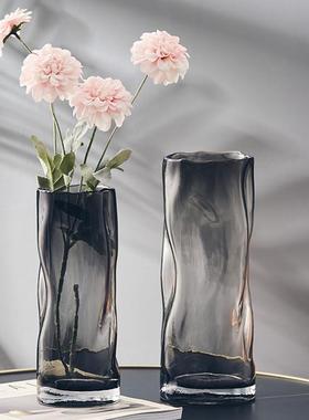 创意简约褶皱玻璃花瓶透明家居客厅装饰品摆件鲜花水养百合花器