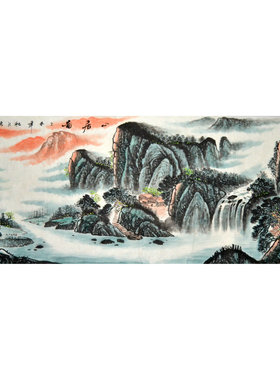 小六尺山水画字画手绘茶楼挂画横幅品田中式风水客厅春景青绿国画