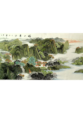 手绘客厅画心横幅小八尺无款青绿春景国画山水画字客厅中式装饰画