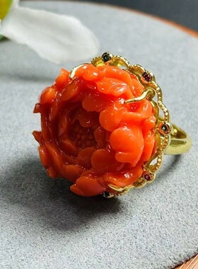 原创设计雕刻红牡丹花戒指时尚个性款古典牡丹花活口戒指