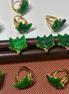 爆款翠绿色红翡色九尾狐戒指定制款女款戒子活口调节时尚潮流礼物