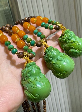 仟禧湖北绿松石原矿貔貅吊坠菜籽绿沉香木藏族男女同款毛衣链文玩