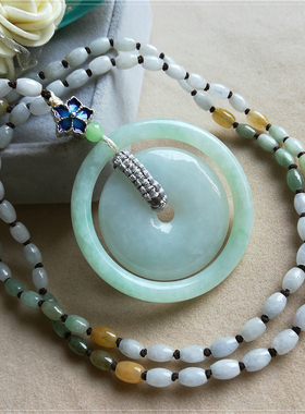 天然翡翠玉石平安扣浅绿毛衣链