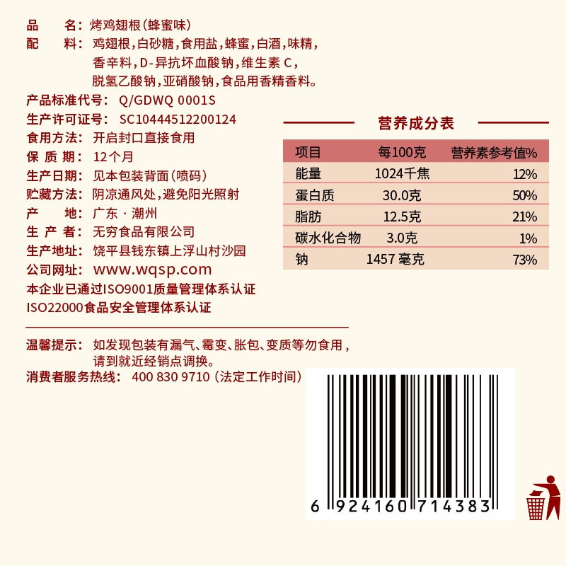 无穷烤鸡翅根60g袋蜂蜜味香辣烤鸡翅根休闲熟肉零食网红小吃整箱-图1