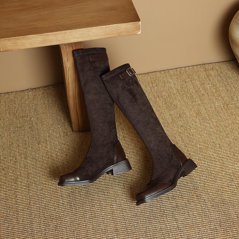 长筒靴女磨砂绒面弹力瘦瘦靴子高筒靴大码41方头43骑士靴粗跟长靴 - 图1