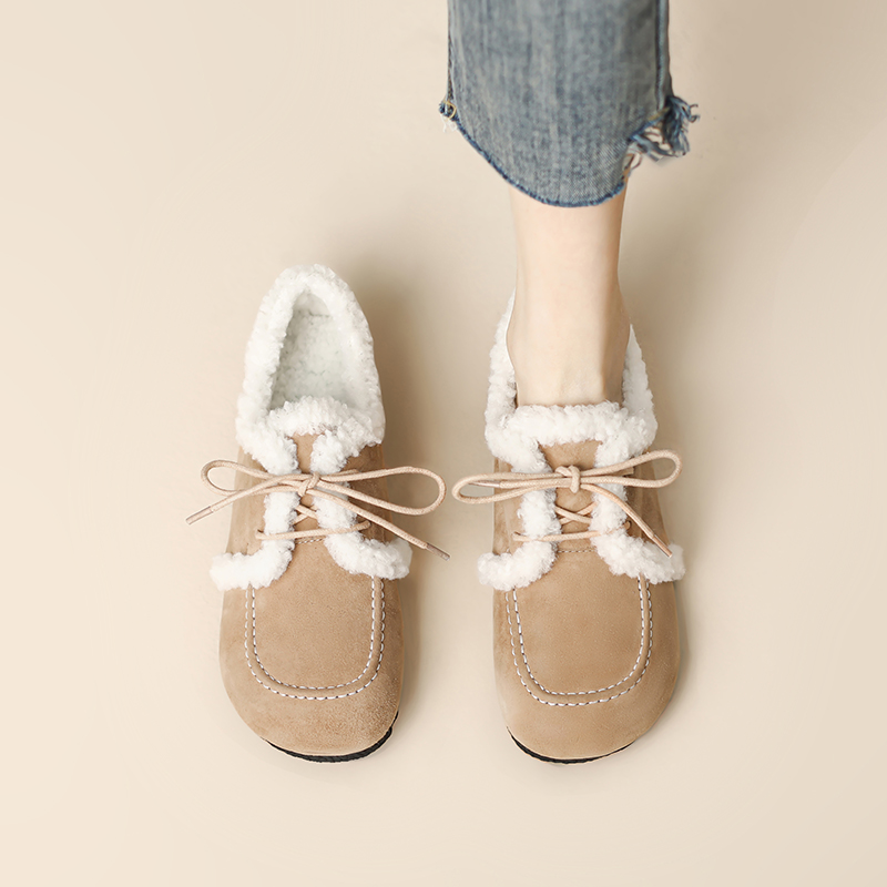 Diao'er 小暖炉~ 麂皮加绒系带勃肯鞋羊羔毛乐福鞋女平底毛毛棉鞋 - 图1