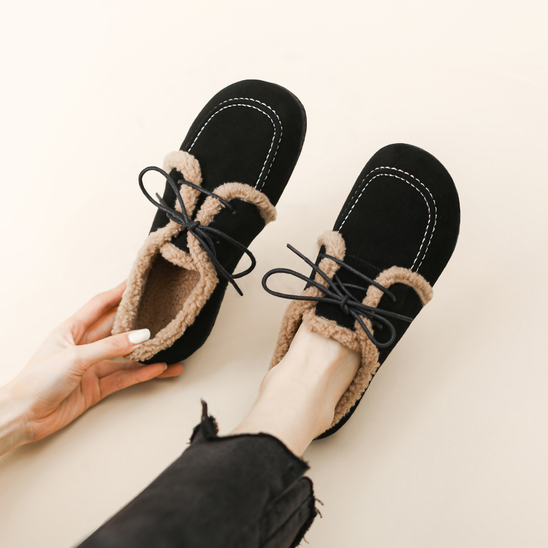 Diao'er 小暖炉~ 麂皮加绒系带勃肯鞋羊羔毛乐福鞋女平底毛毛棉鞋 - 图0