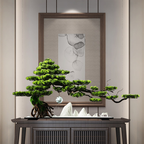仿真迎客松盆景摆件 玄关柜办公室禅意景观客厅软装饰品酒店造景 - 图1