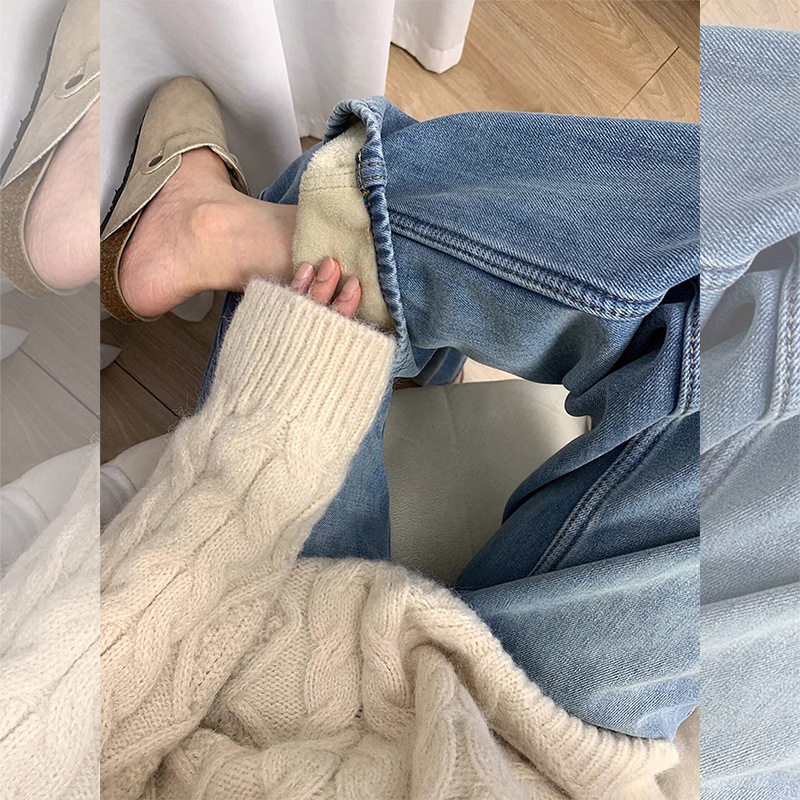 冬季宽松胖mm梨形身材加绒加厚大码牛仔裤女显瘦高腰直筒阔腿裤子,淘宝优惠券,粉丝福利购,淘宝优惠卷
