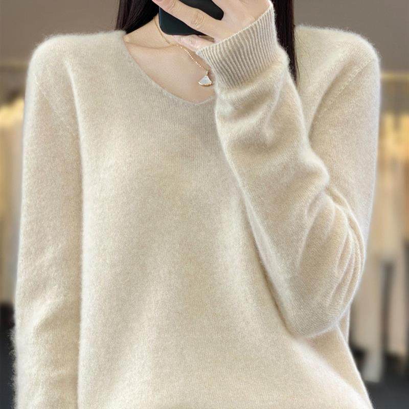 一线成衣V领100%羊毛衫女宽松大码百搭毛衣秋冬新款针织打底衫,淘宝优惠券,粉丝福利购,淘宝优惠卷