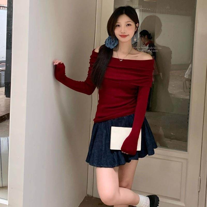 一字肩长袖t恤女露肩上衣性感打底衫,淘宝优惠券,粉丝福利购,淘宝优惠卷