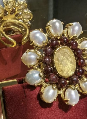 高定！Goossens法式小众天然巴洛克珍珠红石榴镶嵌开口戒指指环