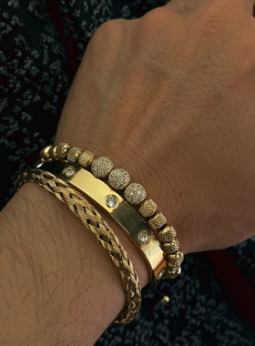 时尚金色三件套手环锆石手镯男士钛钢编织镶钻手链潮流嘻哈不掉色