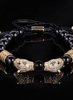 欧美潮流男士黑色双豹子头手链