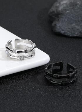 黑白钛钢戒指潮流竹节个性男生食指戒轻奢设计简约镂空开口指环潮